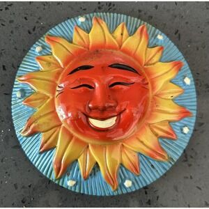 Vintage Smiling Sun Magnet Round Blue Orange 4.5" Bright Sunshine‎ Whimsical